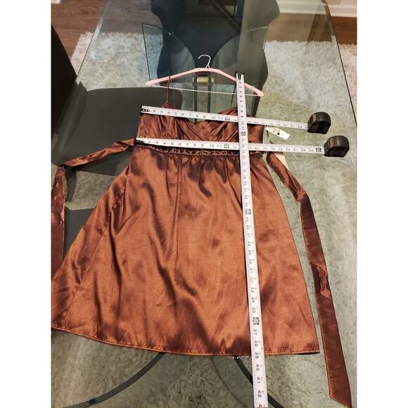 Roulette Women Brown Belted Spaghetti Straps Surplice Neck Knee Length Dress 12 - Picture 6 of 14